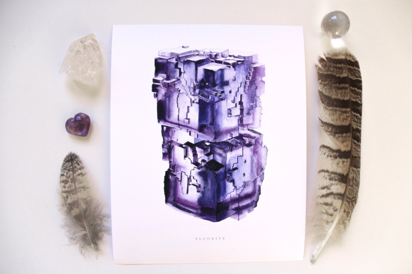 Mineral Art- Watercolor Fluorite Crystal Art Print- Giclée Watercolor Crystal Print, Fluorite Specimen Painting, Crystal Art, Boho Art