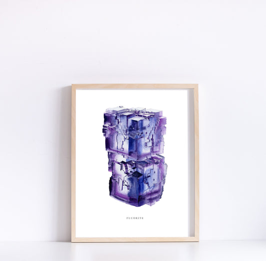 Mineral Art- Watercolor Fluorite Crystal Art Print- Giclée Watercolor Crystal Print, Fluorite Specimen Painting, Crystal Art, Boho Art