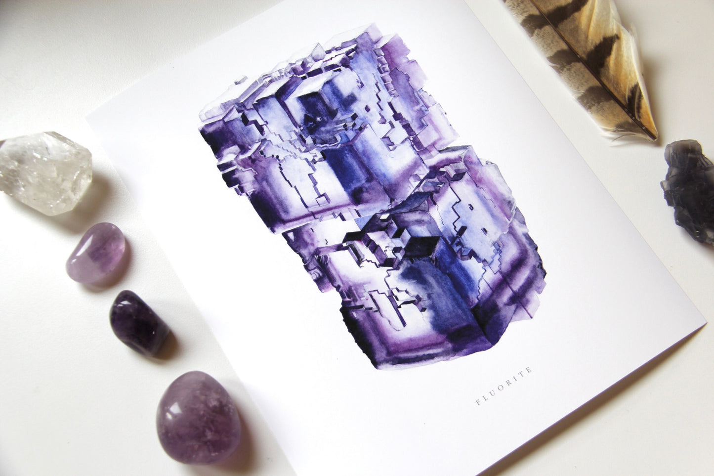 Mineral Art- Watercolor Fluorite Crystal Art Print- Giclée Watercolor Crystal Print, Fluorite Specimen Painting, Crystal Art, Boho Art