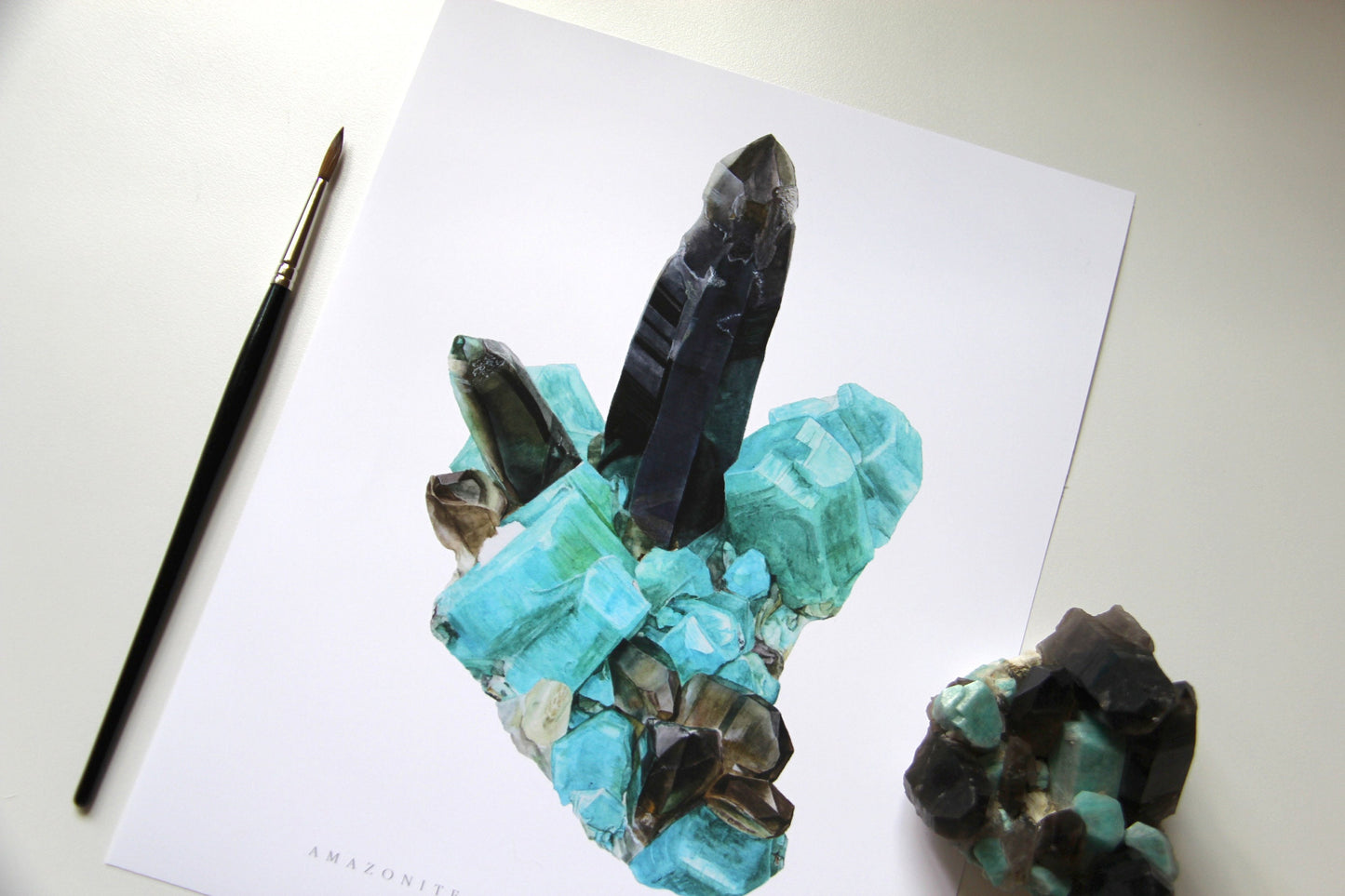 Smoky Hawk Claim Smoky Quartz and Amazonite Watercolor Painting- Giclee Print of Mineral Specimen, Geology Print, Crystal Artwork