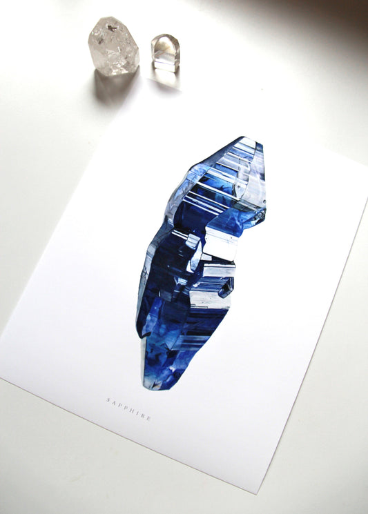 Sapphire Watercolor Painting- Giclee Print of a Natural Sapphire Crystal from Sri Lanka