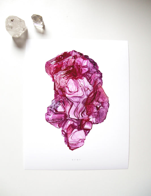 Ruby Watercolor Print- Watercolor Crystal Wall Art, Crystal Print, Quartz Crystal Art, Gemstone Art Print