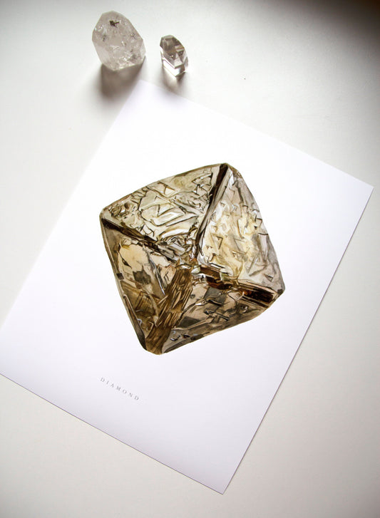 Watercolor Diamond Print- Argyle Diamond, Quartz Crystal Art, Gemstone Art Print