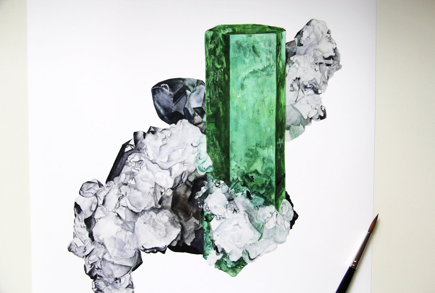 Emerald Crystal Art Print- Watercolor Crystal Wall Art, Boho Wall Art, Gemstone Painting, Mineral Art, Muzo Emerald Mineral Specimen