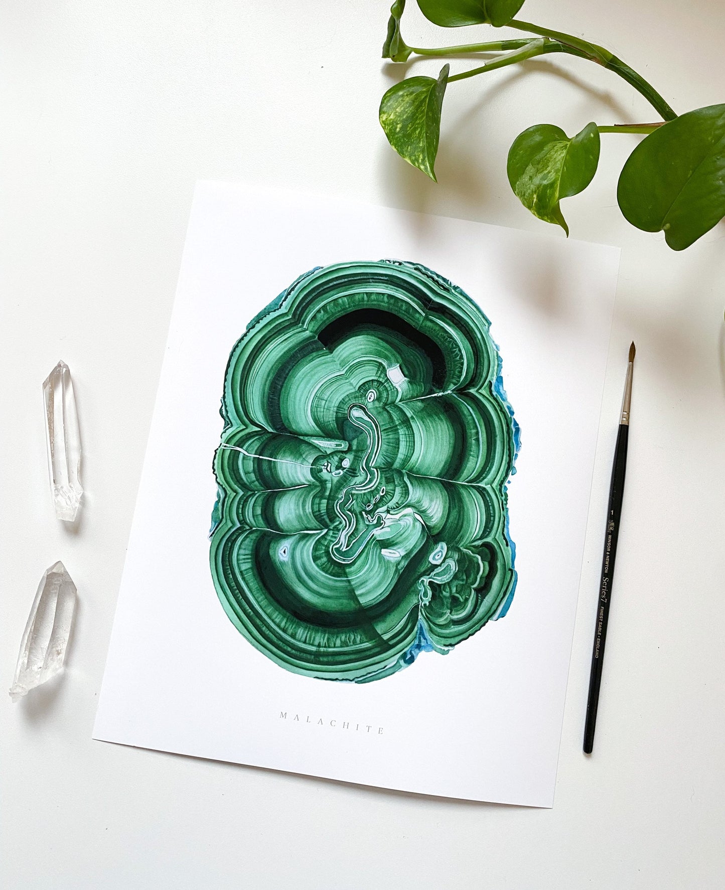 Crystal Print- Watercolor Malachite Giclee Print- Watercolor Crystal Art, Crystal Painting, Mineral Art