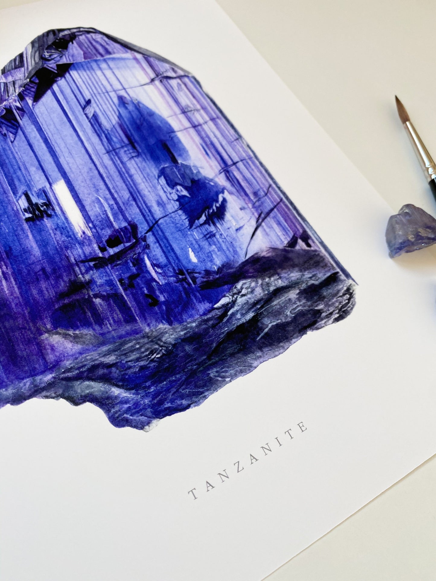 Tanzanite Watercolor Art Print- Mineral Painting, Crystal Painting, Tanzanite Mineral Specimen