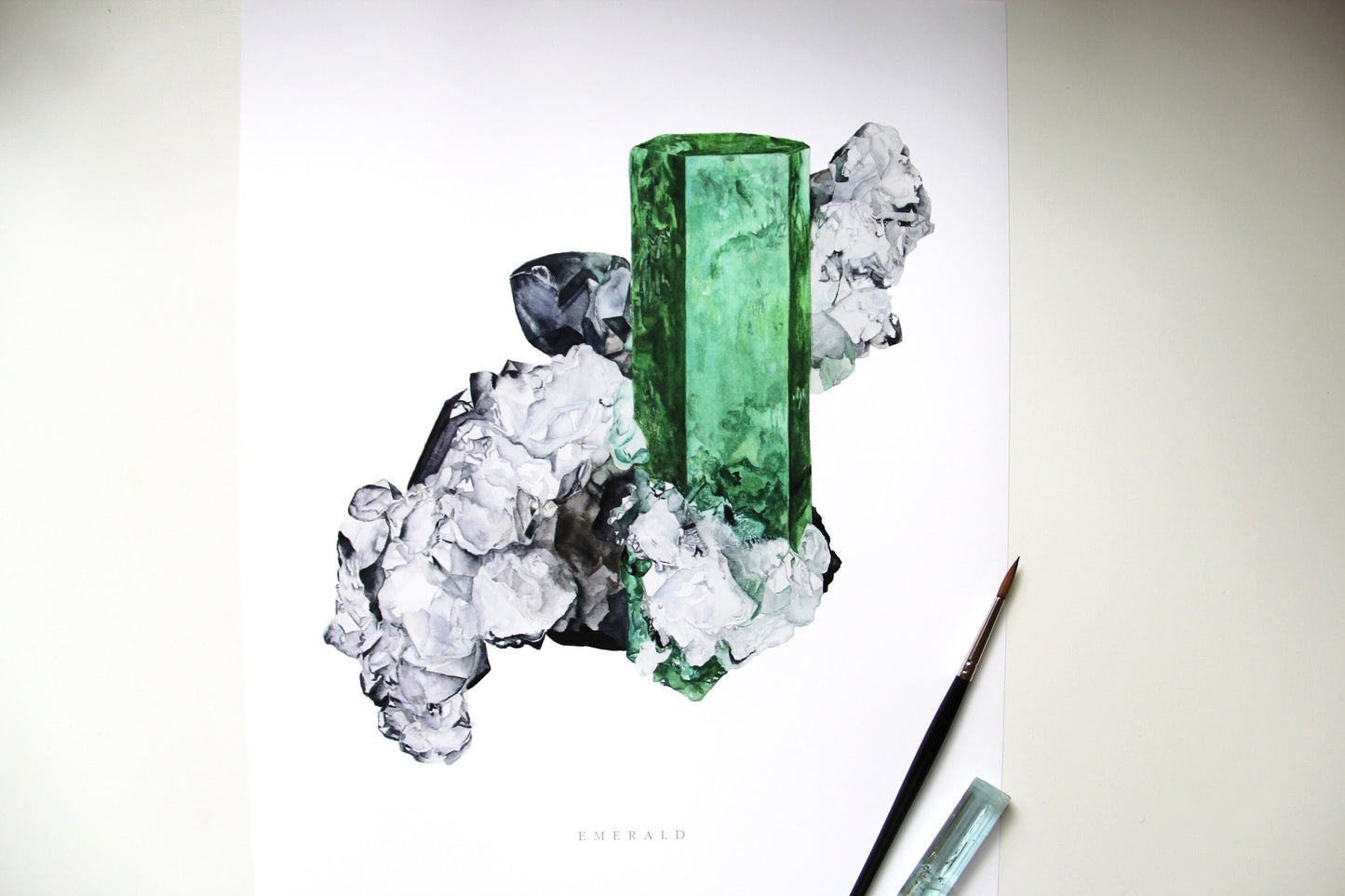 Emerald Crystal Art Print- Watercolor Crystal Wall Art, Boho Wall Art, Gemstone Painting, Mineral Art, Muzo Emerald Mineral Specimen