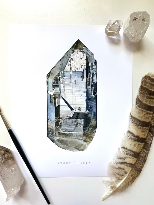 Crystal Print- Watercolor Swiss Smoky Quartz Giclee Print- Watercolor Crystal Art, Crystal Painting, Mineral Art
