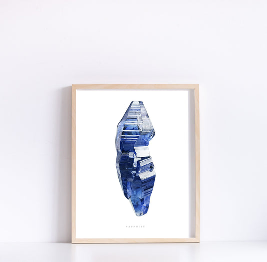 Sapphire Watercolor Painting- Giclee Print of a Natural Sapphire Crystal from Sri Lanka