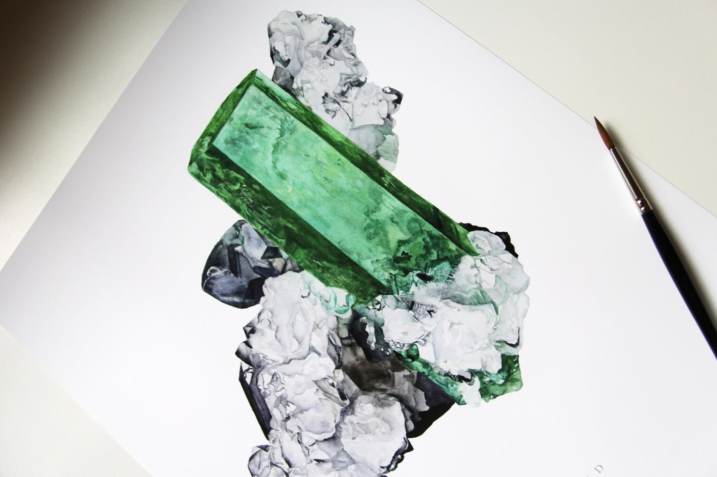 Emerald Crystal Art Print- Watercolor Crystal Wall Art, Boho Wall Art, Gemstone Painting, Mineral Art, Muzo Emerald Mineral Specimen