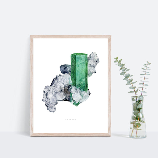 Emerald Crystal Art Print- Watercolor Crystal Wall Art, Boho Wall Art, Gemstone Painting, Mineral Art, Muzo Emerald Mineral Specimen