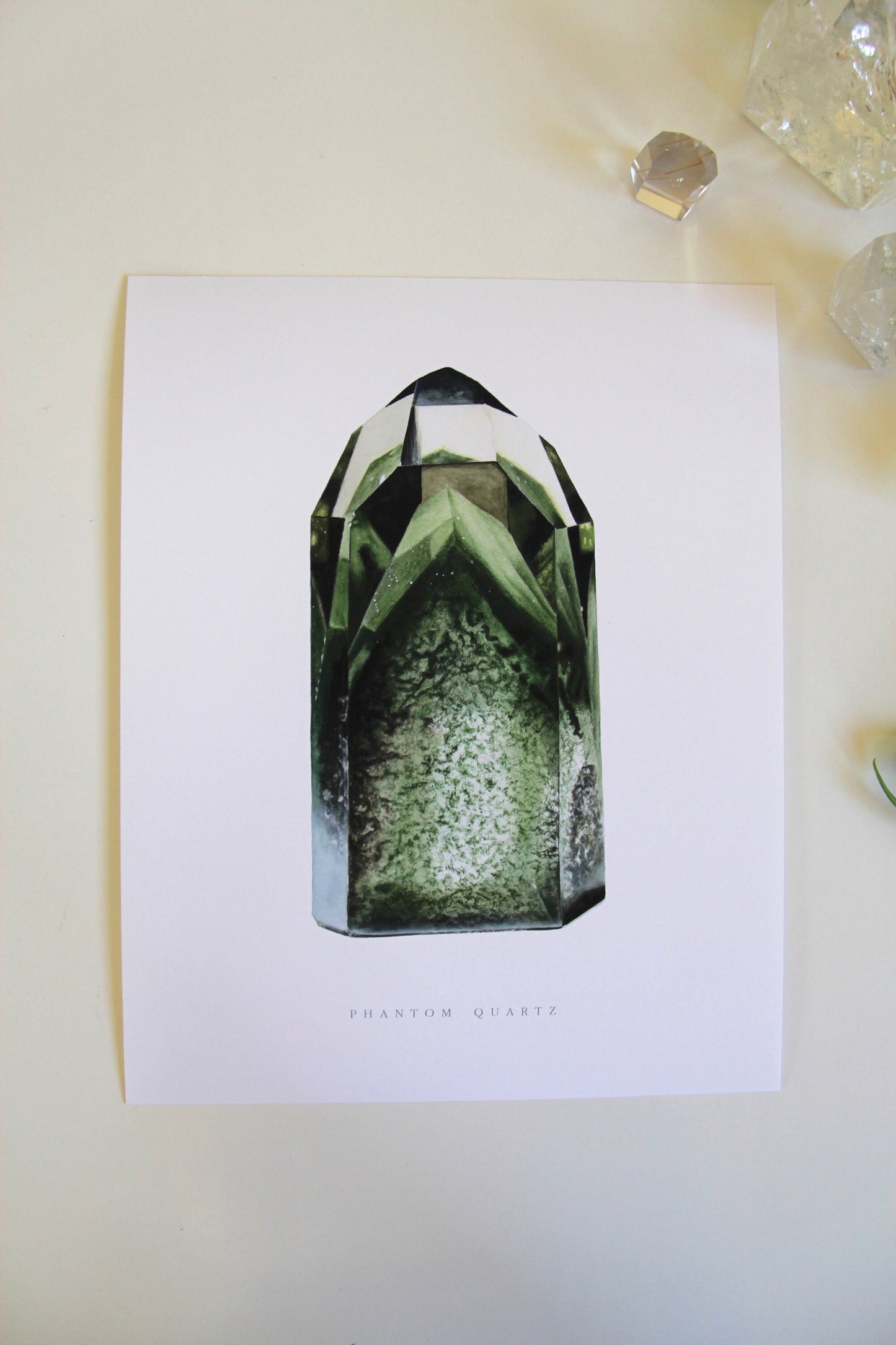 Crystal Print- Chlorite Phantom Quartz Watercolor Painting- Mineral Art, Mineral Specimen, Quartz Tower, Gemstone Art, Boho Wall Art