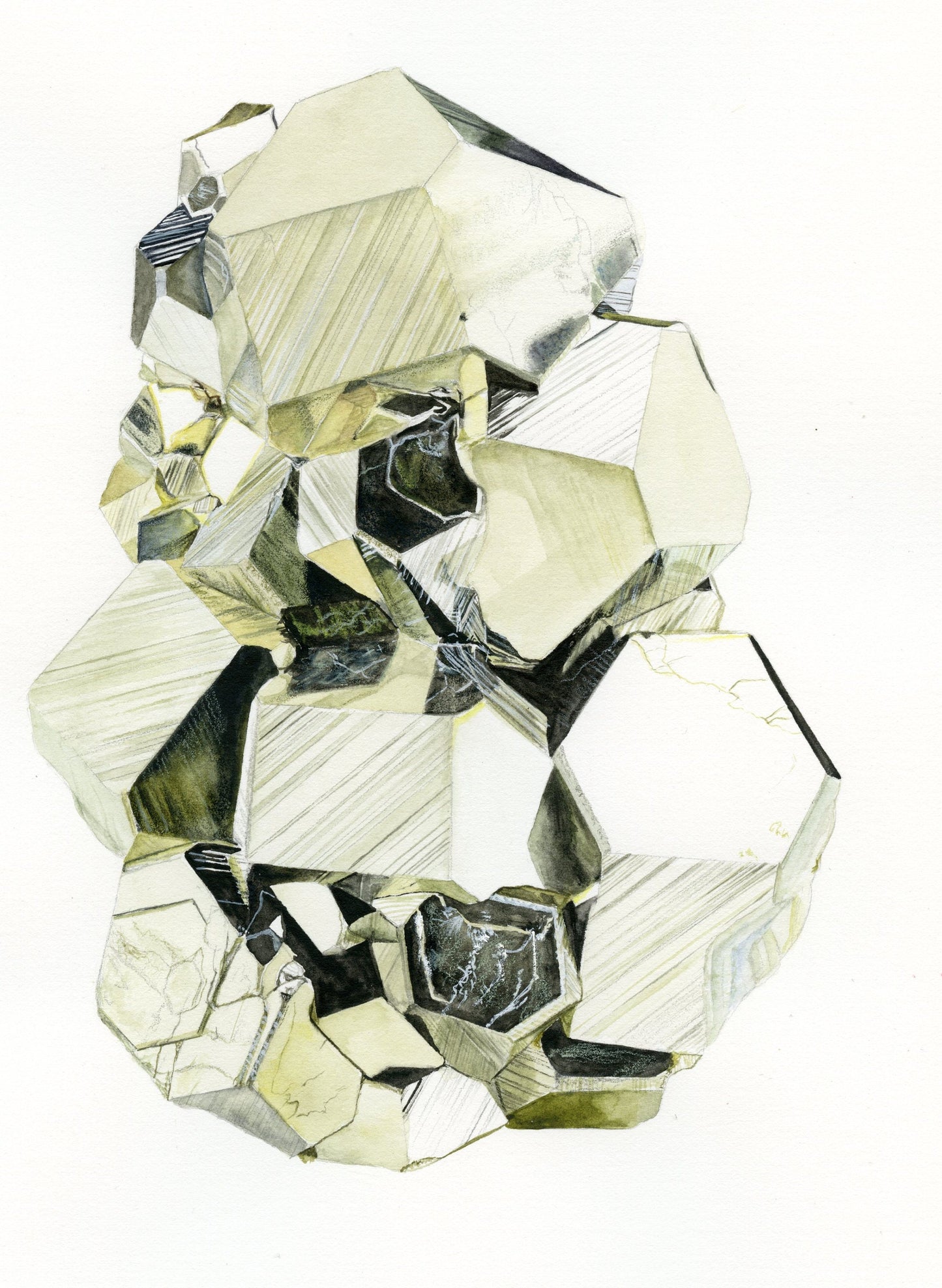 Pyrite Mineral Specimen Watercolor Painting- Crystal Print, Mineral Print, Mineral Art, Peruvian Pyrite