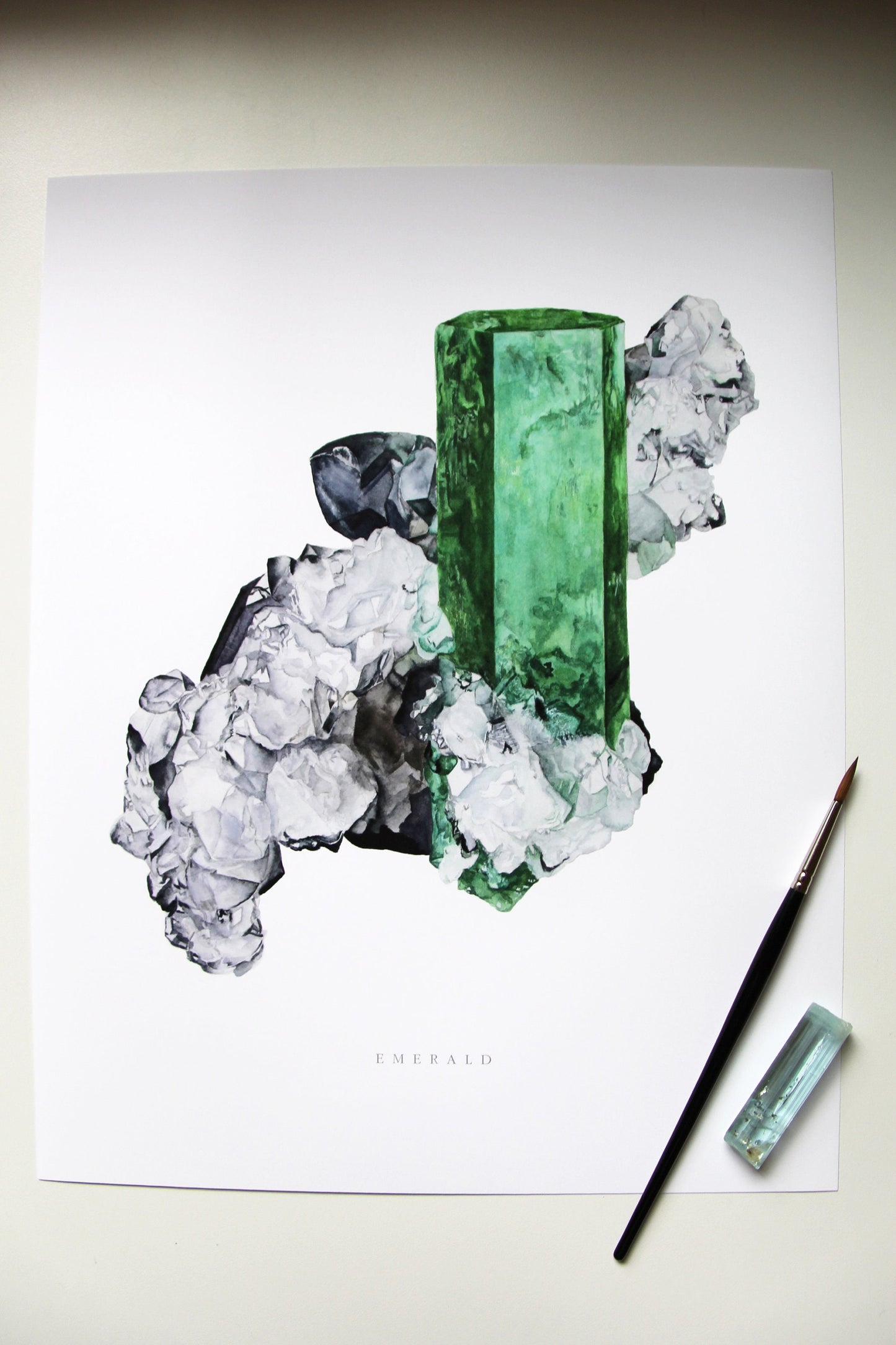 Emerald Crystal Art Print- Watercolor Crystal Wall Art, Boho Wall Art, Gemstone Painting, Mineral Art, Muzo Emerald Mineral Specimen