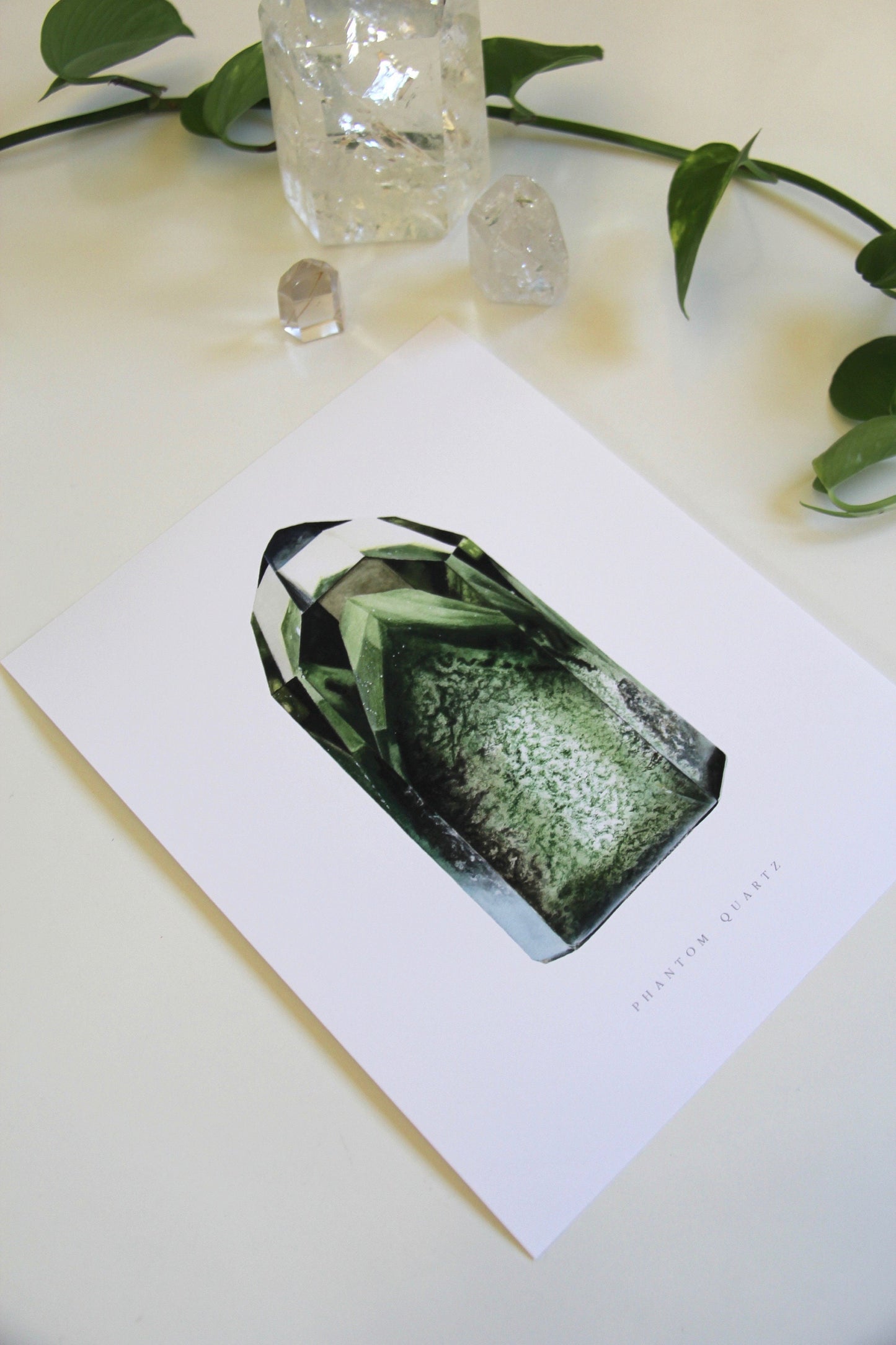 Crystal Print- Chlorite Phantom Quartz Watercolor Painting- Mineral Art, Mineral Specimen, Quartz Tower, Gemstone Art, Boho Wall Art