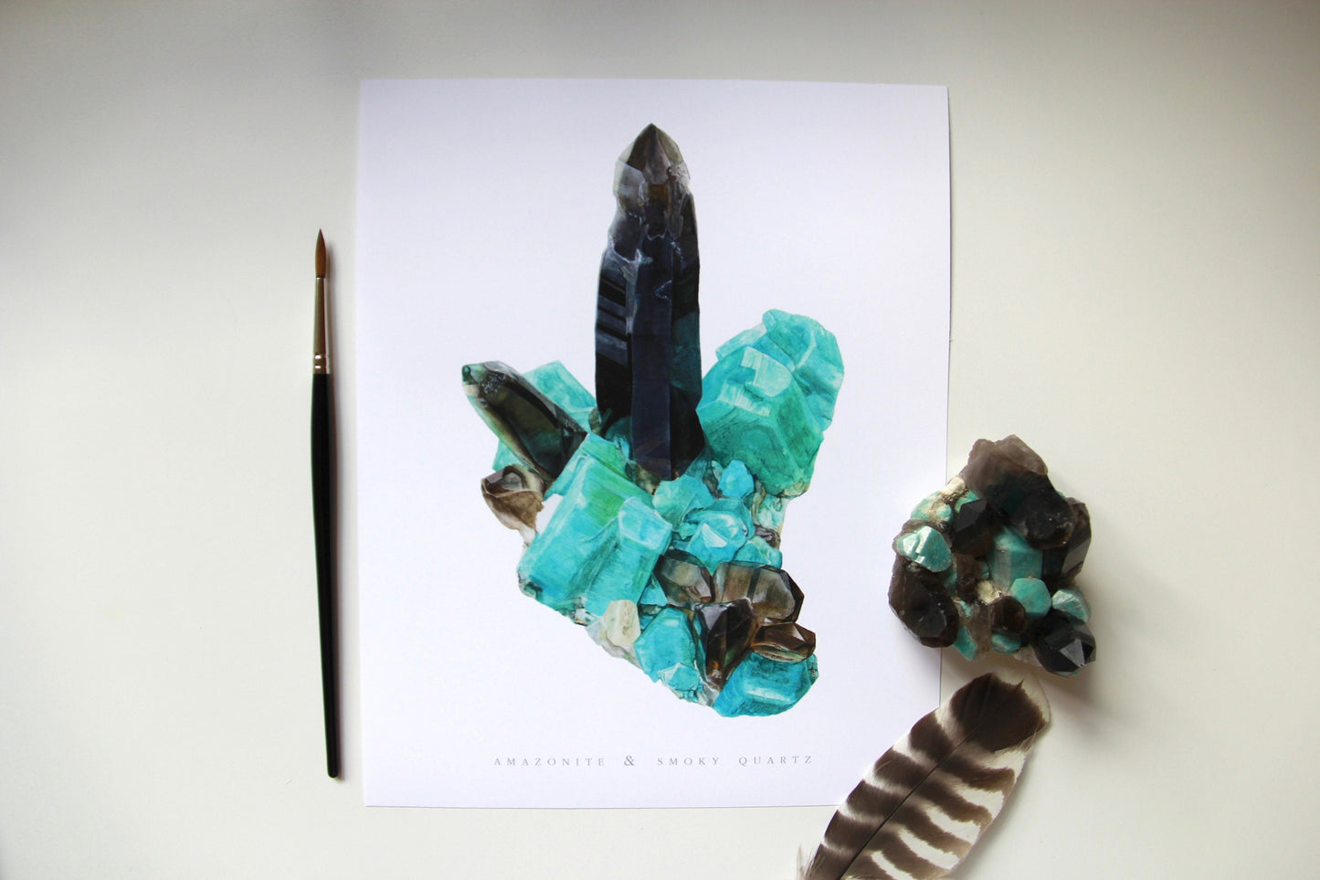 Smoky Hawk Claim Smoky Quartz and Amazonite Watercolor Painting- Giclee Print of Mineral Specimen, Geology Print, Crystal Artwork