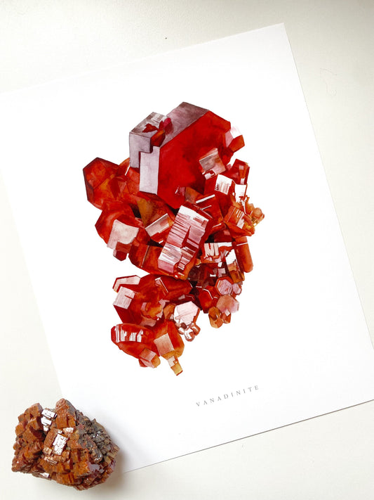 Vanadinite Crystal Print- Vanadinite Specimen Watercolor Print, Geology Art Print, Crystal Print, Gemstone Print