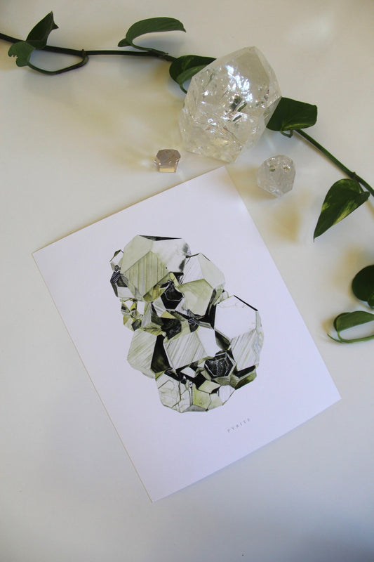 Pyrite Mineral Specimen Watercolor Painting- Crystal Print, Mineral Print, Mineral Art, Peruvian Pyrite