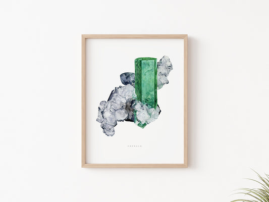Emerald Crystal Art Print- Watercolor Crystal Wall Art, Boho Wall Art, Gemstone Painting, Mineral Art, Muzo Emerald Mineral Specimen