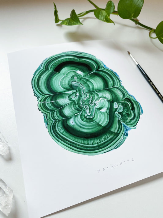 Crystal Print- Watercolor Malachite Giclee Print- Watercolor Crystal Art, Crystal Painting, Mineral Art