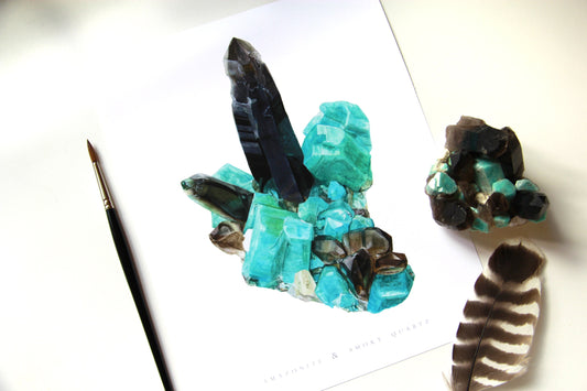 Smoky Hawk Claim Smoky Quartz and Amazonite Watercolor Painting- Giclee Print of Mineral Specimen, Geology Print, Crystal Artwork