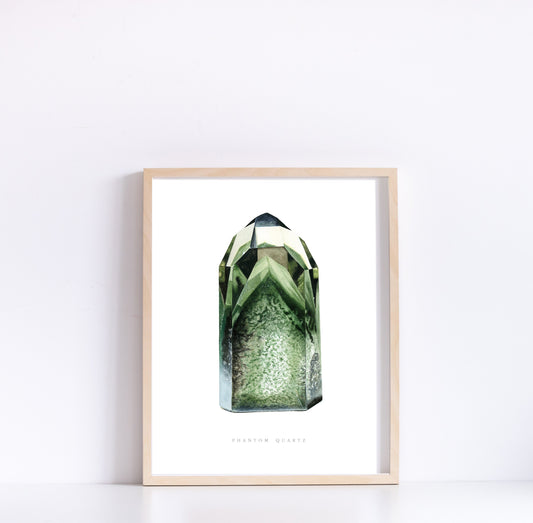 Crystal Print- Chlorite Phantom Quartz Watercolor Painting- Mineral Art, Mineral Specimen, Quartz Tower, Gemstone Art, Boho Wall Art