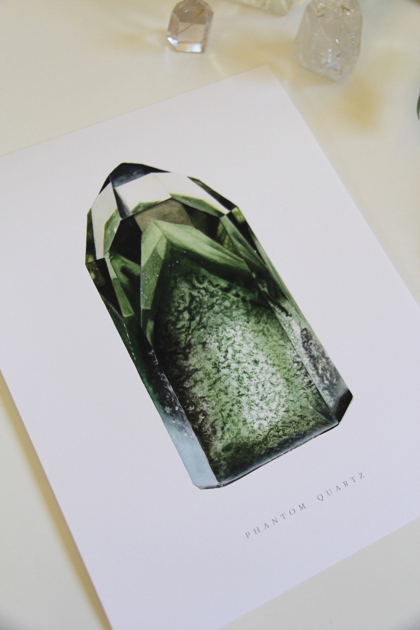 Crystal Print- Chlorite Phantom Quartz Watercolor Painting- Mineral Art, Mineral Specimen, Quartz Tower, Gemstone Art, Boho Wall Art