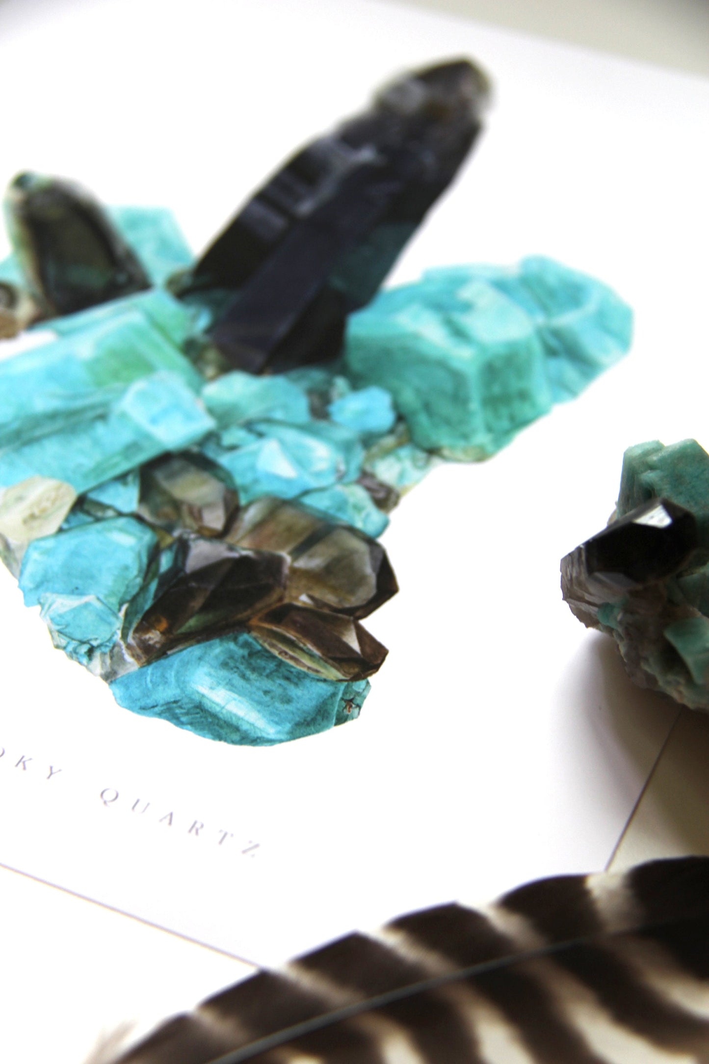 Smoky Hawk Claim Smoky Quartz and Amazonite Watercolor Painting- Giclee Print of Mineral Specimen, Geology Print, Crystal Artwork