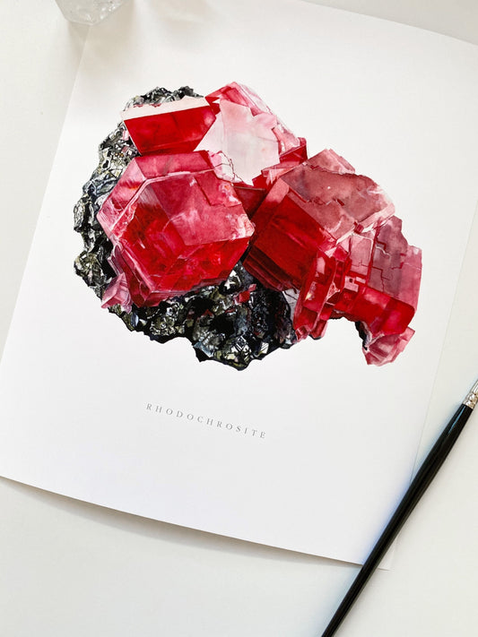 Sweet Home Mine Rhodochrosite Specimen Watercolor Painting- Mineral Painting, Crystal Art, Geology Print, Geology Artwork