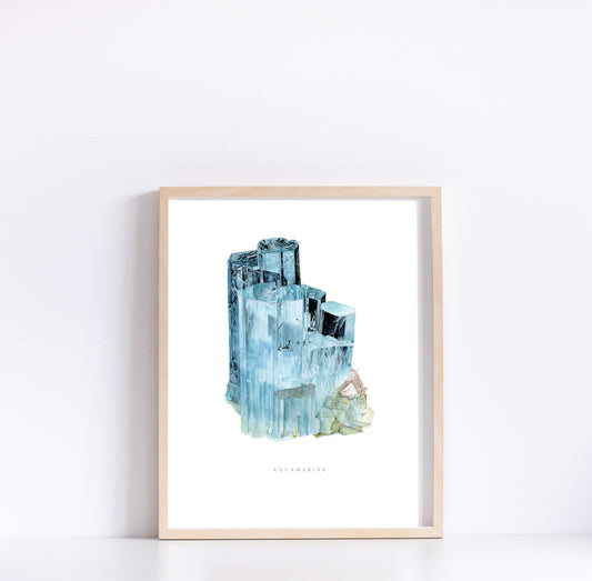 Watercolor Aquamarine Art Print, Crystal Art, Giclée Print, Mineral Art, Crystal Painting