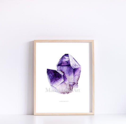 Crystal Art- Watercolor Amethyst Crystal Print 8"x10" - Watercolor Crystal Art- Crystal Painting- Mineral Art