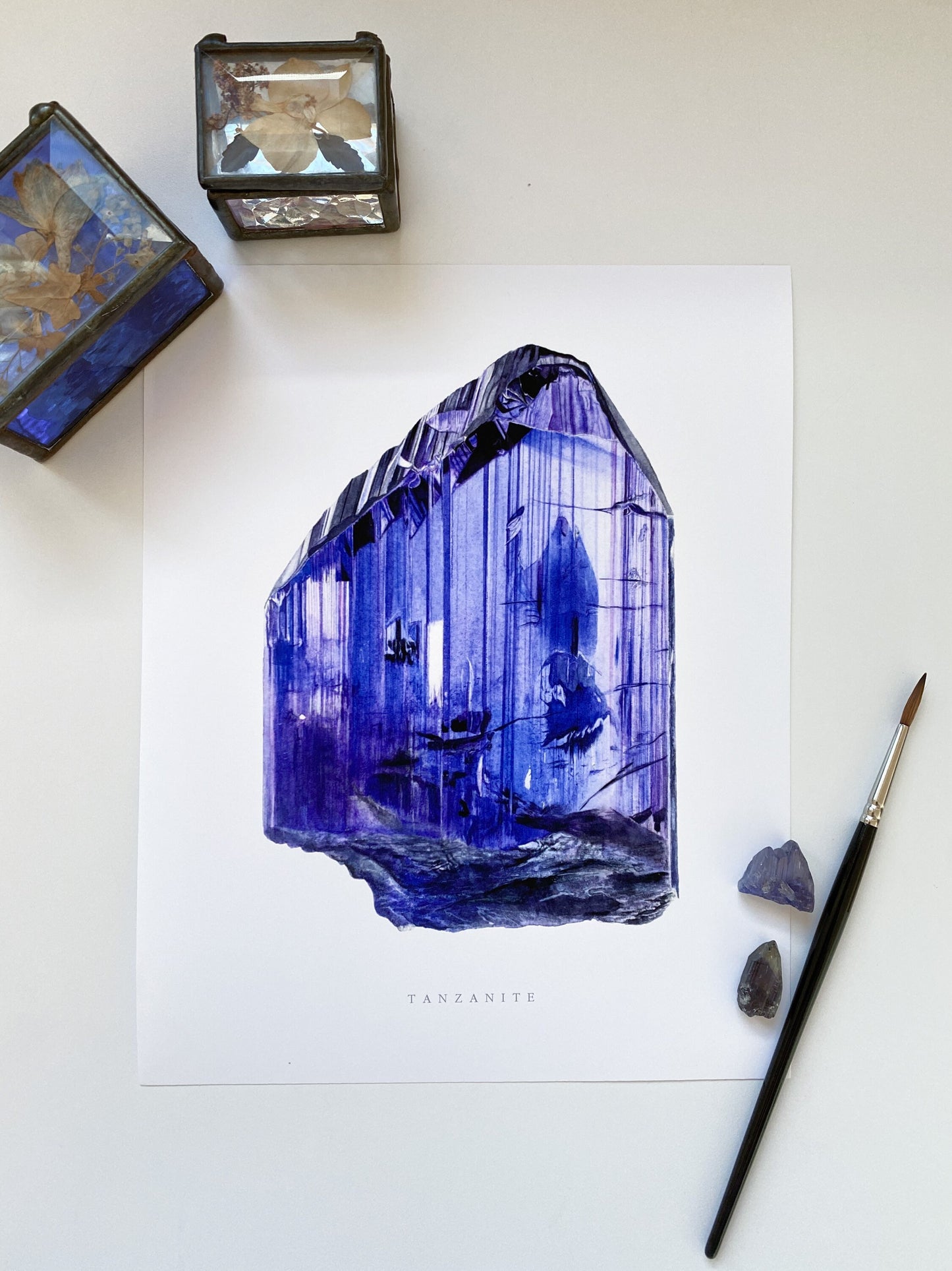 Tanzanite Watercolor Art Print- Mineral Painting, Crystal Painting, Tanzanite Mineral Specimen
