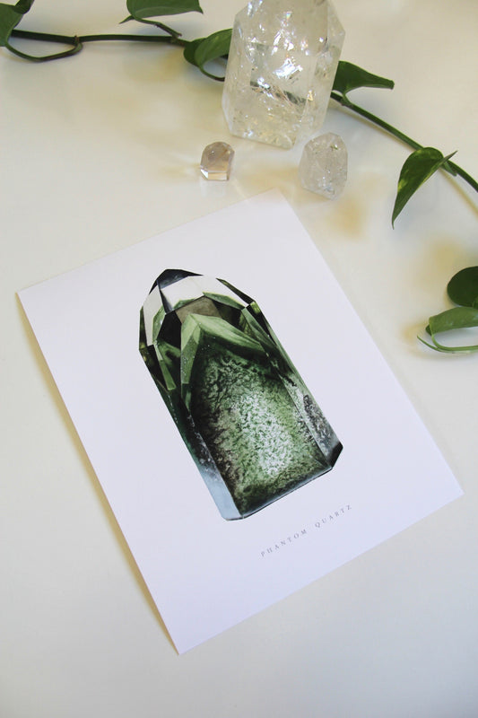 Crystal Print- Chlorite Phantom Quartz Watercolor Painting- Mineral Art, Mineral Specimen, Quartz Tower, Gemstone Art, Boho Wall Art