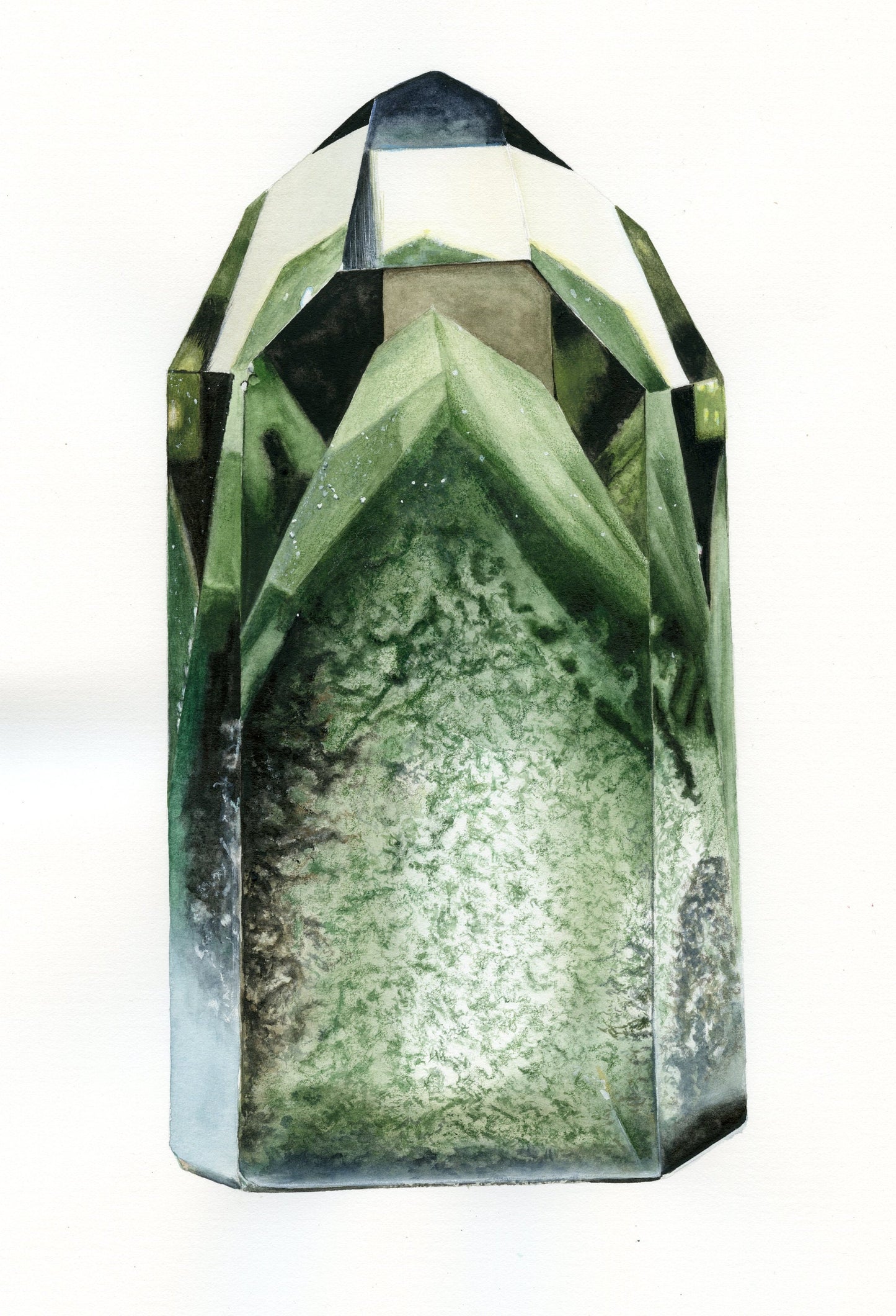Crystal Print- Chlorite Phantom Quartz Watercolor Painting- Mineral Art, Mineral Specimen, Quartz Tower, Gemstone Art, Boho Wall Art