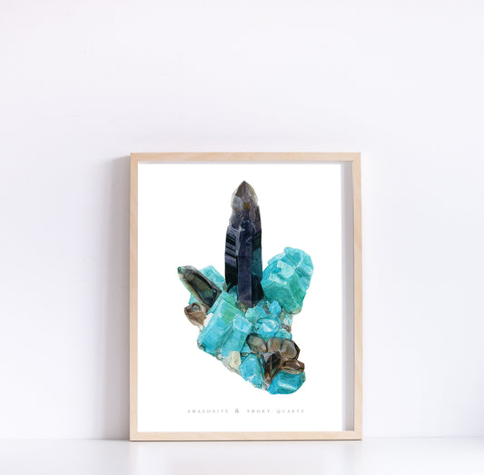 Smoky Hawk Claim Smoky Quartz and Amazonite Watercolor Painting- Giclee Print of Mineral Specimen, Geology Print, Crystal Artwork