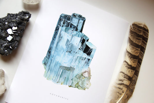 Watercolor Aquamarine Art Print, Crystal Art, Giclée Print, Mineral Art, Crystal Painting