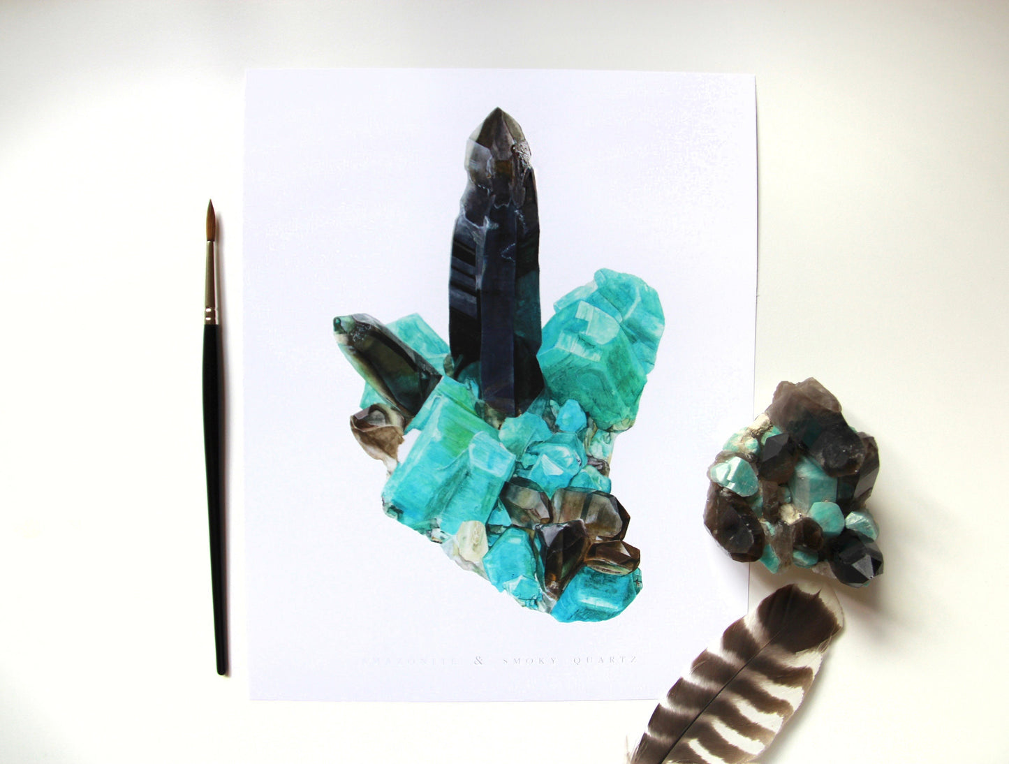Smoky Hawk Claim Smoky Quartz and Amazonite Watercolor Painting- Giclee Print of Mineral Specimen, Geology Print, Crystal Artwork